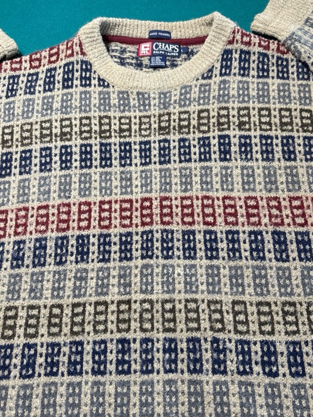 Ralph Lauren (Chaps) Cream Crewneck Sweater w/Geometric pattern, L , $22